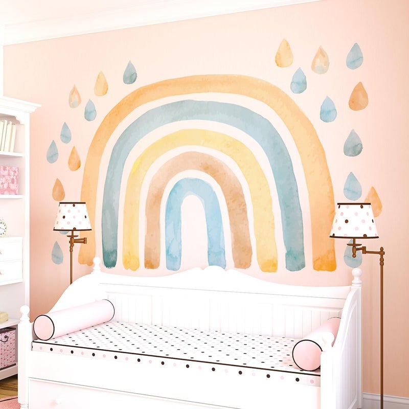 Kingarch Large Watercolor Rainbow Wall Decals, Raindrops Peel and Stick Fabric Nursery Wall Decor, Removable Home Room Wall Decor Murals Stickers for Kids Girls Toddler Bedroom Living Room Playroom - Image 1